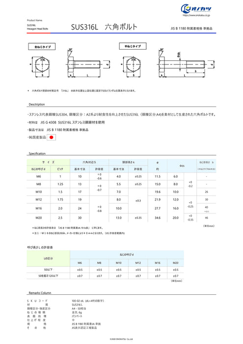 sus316l 六角ボルト   m6系