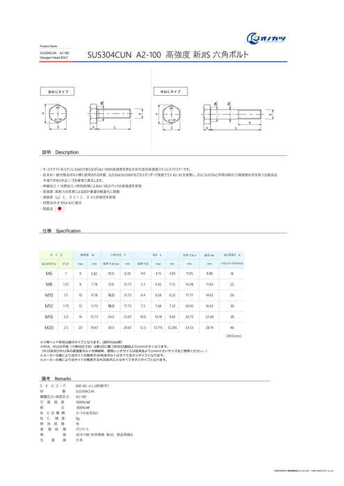 オノカツ 高強度ステンレス a2-100 六角ボルト 「m10」